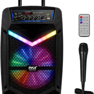 Pyle, Portable PA Speaker, Bluetooth- Loudspeakers, 600W Rechargeable w/ 10” Subwoofer 1” Tweeter, Pa System w/Wireless Microphone, Dj Speakers, w/Recording Function/Mic Input/Lights/USB/SD/Radio