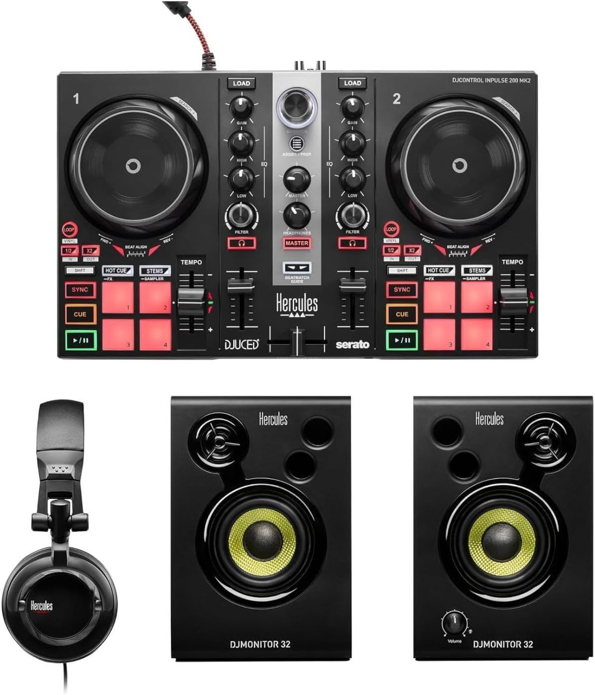 Hercules DJLearning Kit MK II including the DJ Inpulse 200 MK II controller, HD45 headphones and DJ Monitor 32 speakers Hercules DJLearning Kit MK II including the DJ Inpulse 200 MK II controller, HD45 headphones and DJ Monitor 32 speakers