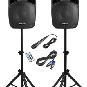 Vonyx VPS152A 15″ Active PA DJ Speakers with Bluetooth, Speaker Stands & Wired Microphone – 500W RMS Powered System with Active/Passive Pair, Ideal for Parties & Beginner DJs