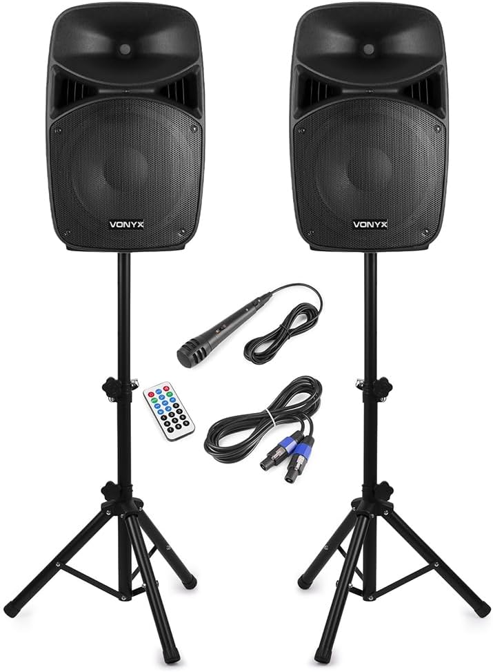 Vonyx VPS152A 15″ Active PA DJ Speakers with Bluetooth, Speaker Stands & Wired Microphone – 500W RMS Powered System with Active/Passive Pair, Ideal for Parties & Beginner DJs Vonyx VPS152A 15″ Active PA DJ Speakers with Bluetooth, Speaker Stands & Wired Microphone – 500W RMS Powered System with Active/Passive Pair, Ideal for Parties & Beginner DJs