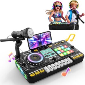 DJ Decks DJ Mixer Sets for Kids Ages 3-10, Interactive Musical Toy with 100+ Sound Effects, Colorful Light, Microphone, Rechargeable DJ Table Gift for Boys Girls Beginners, Ideal for Birthday Party
