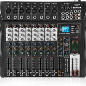 8 Channel Audio Mixer with Bluetooth, Professional Mixing Desk with 48V Phantom Power, USB Audio Interface & MP3 Player, Sound Mixing Console for Podcast Music Stage Live Streaming & Recording