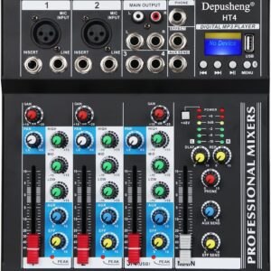 Depusheng HT4 Professional 4 Channel USB Jack Portable Audio Mixer Bluetooth Live Studio Audio DJ Sound Mixing Console