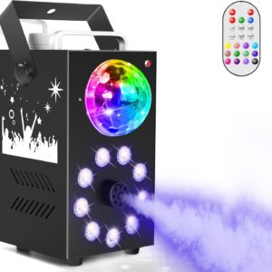 Smoke Machine, 700W Fog Machine, 9 LED Lights with Disco Ball, Remote Control with Strobe, Auto, Single Color, Smoke Mode for Party Christmas Halloween DJ Stage Effect