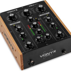 VONYX VDJ250 2-Channel Retro Rotary DJ Mixer, Analogue Mixing Desk with 3-Band EQ, Warm Sound, Phono Preamps, Multiple Inputs/Outputs, Mic Input, Booth Output, Compact DJ Gear