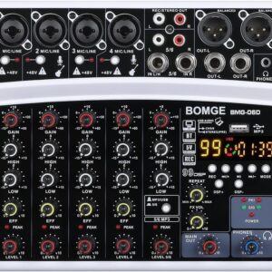 BOMGE Professional 6 Channel 99DSP DJ Audio Sound Mixer Interface Mixing Console Desktop Karaoke with MP3 Input, USB, Bluetooth Input, Stereo Recording, 48V Phantom Power (WHITE)