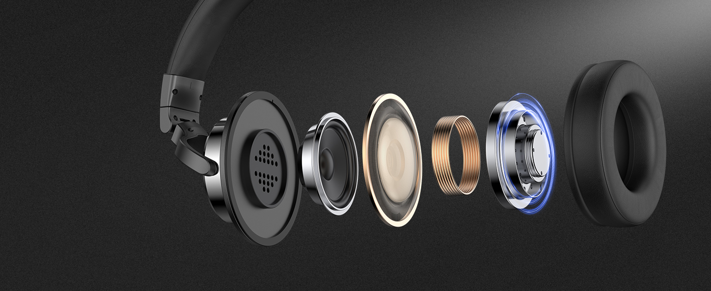 Exploded view of audio device components, showing speaker driver, housing, and various internal parts arranged in a line.
