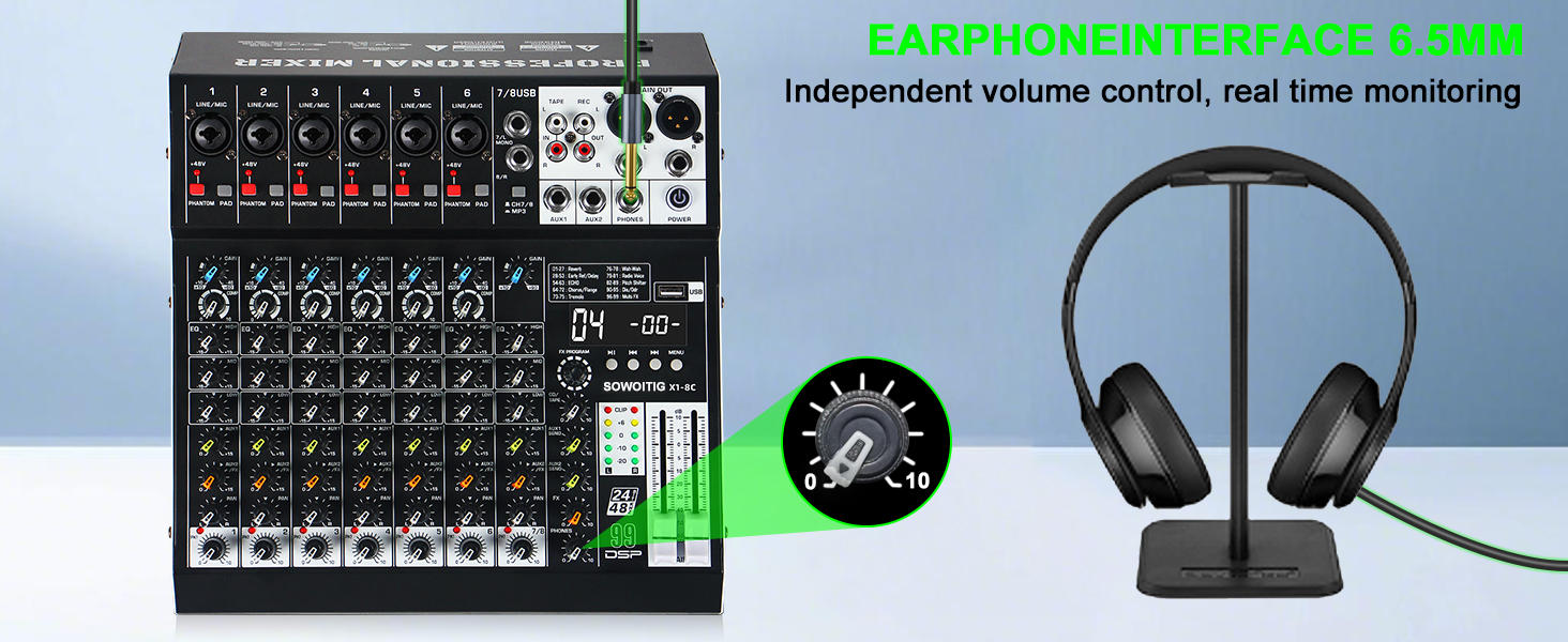 Text reads: 'Independent volume control, real time monitoring', 'EARPHONE MIX'. Audio equipment setup showing mixing console, headphones, and control interface with LED indicators.