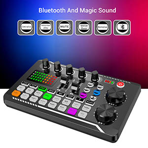 Audio mixer with colorful buttons, knobs, and sliders. Features Bluetooth connectivity and various sound effects. Compact design with digital display and multiple input options.