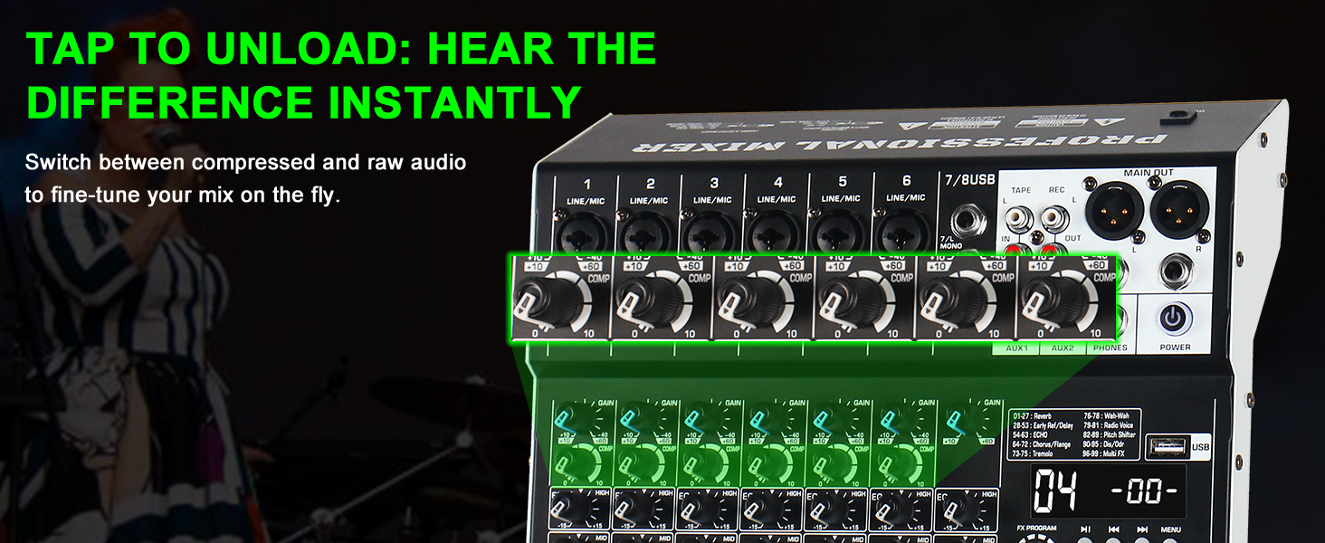 Text reads 'TAP TO UNLOAD: HEAR THE DIFFERENCE INSTANTLY!' and 'to fine-tune your mix on the fly'. Professional audio interface showing multiple input channels with knobs and XLR connections.