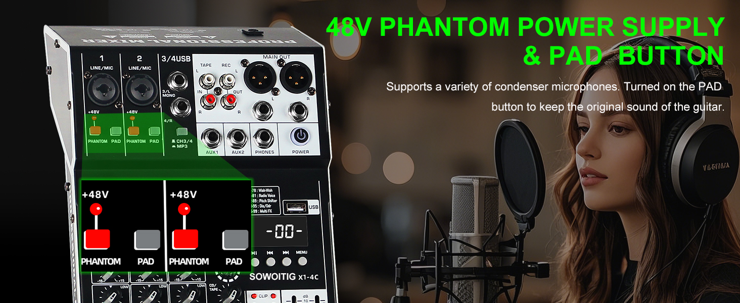 Text reads '48V PHANTOM POWER SUPPLY &amp; PAD BUTTON'. Audio equipment interface showing multiple input/output ports, knobs, and LED indicators on black panel.