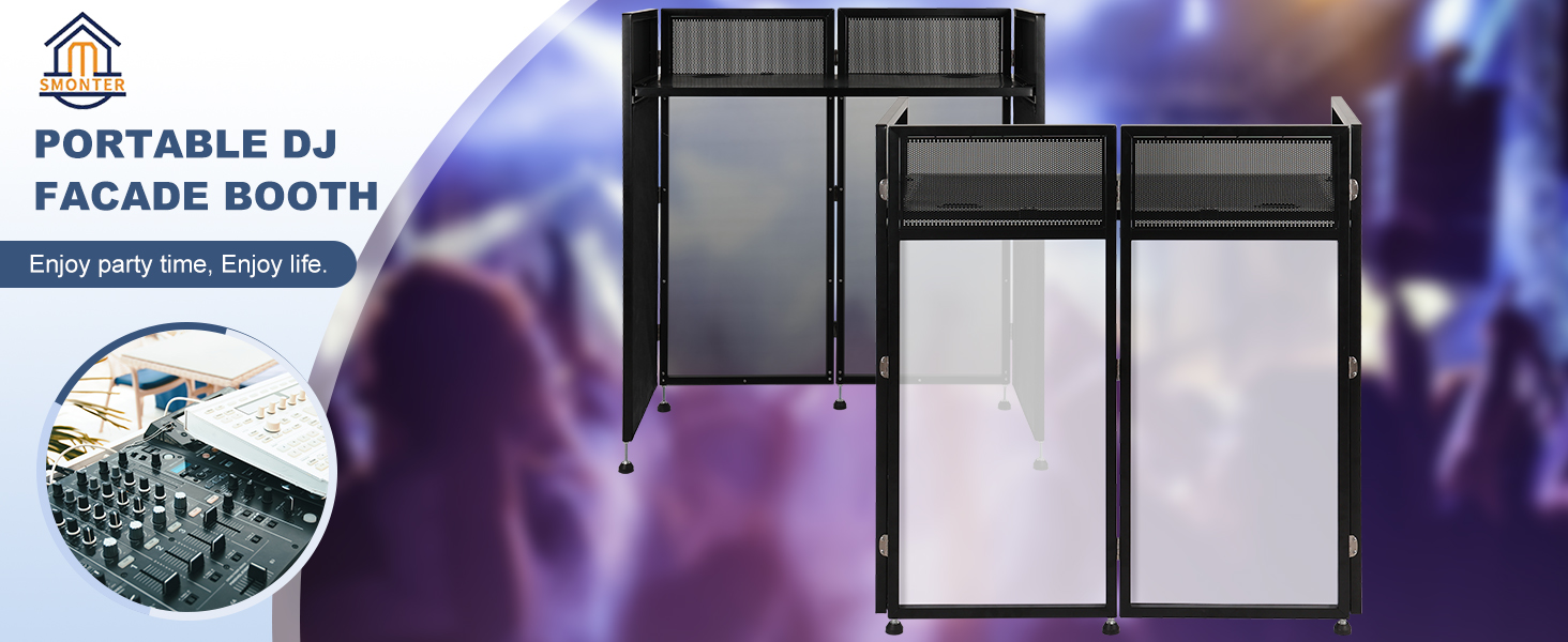 Portable DJ facade booth with LED lighting. Foldable structure shown in front of a party scene background. Product name and 'Enjoy party time' text visible.