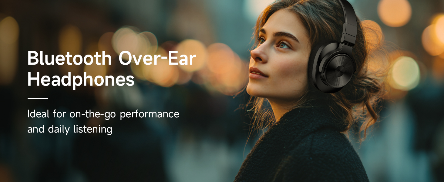 Text reads 'Bluetooth Over-Ear Headphones' and 'Ideal for on-the-go performance and daily listening'. Woman wearing black over-ear headphones against blurred golden background.