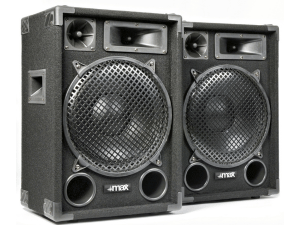 Professional audio speakers with large black cabinets, featuring prominent speaker cones and horn tweeters. Multiple units shown side by side.