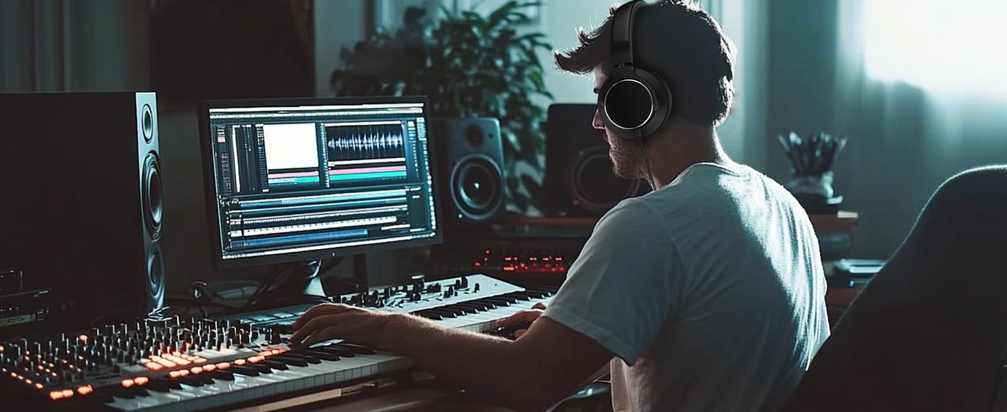 A person wearing headphones sits at a desk with audio equipment, using a computer displaying audio editing software with waveforms and a mixing console in view.