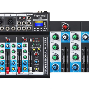Audio mixer with multiple channels, faders, knobs, and digital display. Features various input/output ports and colored controls for sound adjustment.