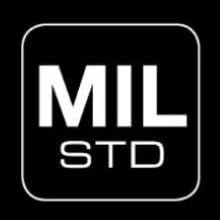 Text reads 'MIL' and 'STD' in white text on black rectangular logos or badges.