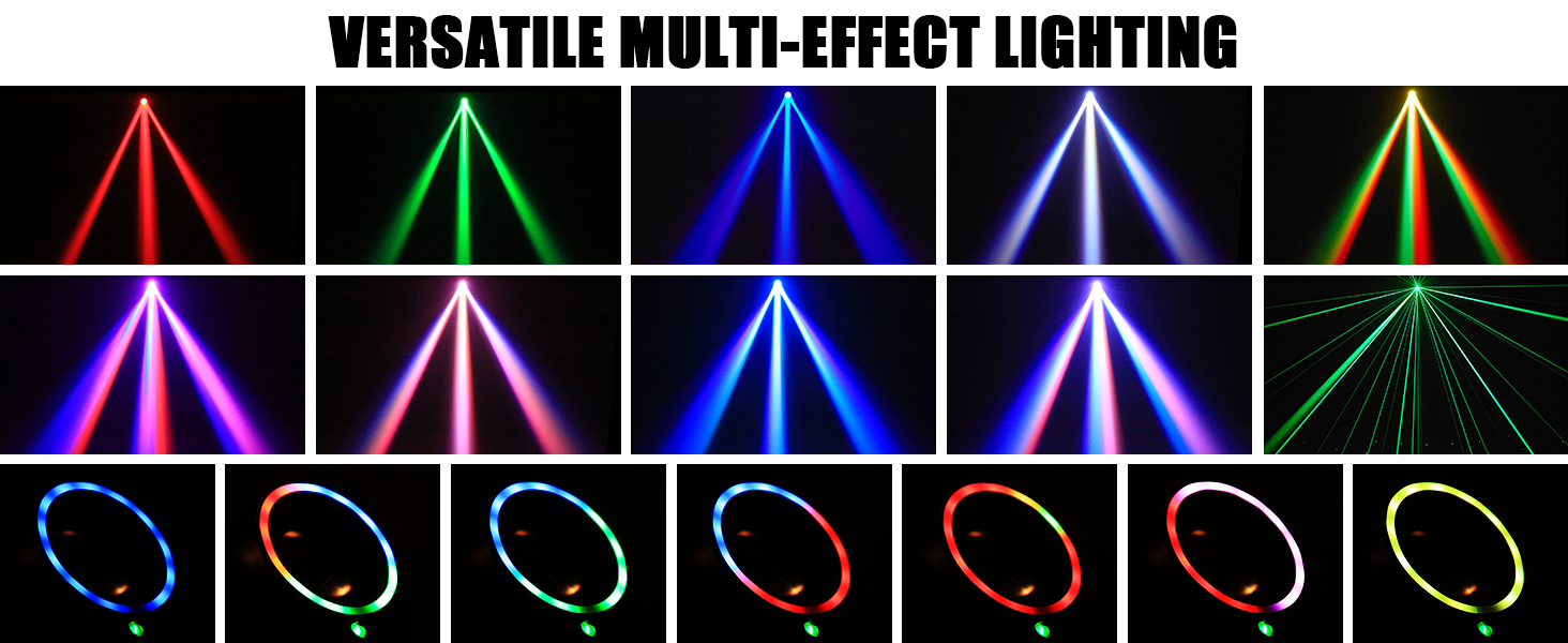 Text reads 'VERSATILE MULTI-EFFECT LIGHTING'. Grid display showing multiple neon-style lighting tubes in various colors including red, green, blue, purple, and yellow arranged in rows.