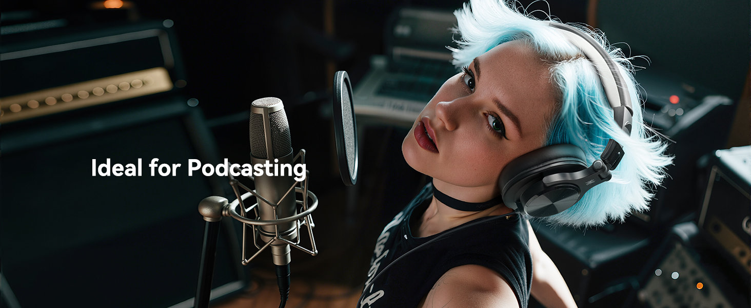Text reads 'Ideal for Podcasting'. Professional audio recording setup with microphone and equipment in dark studio environment.