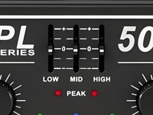 Audio equipment control panel showing 'LOW MID HIGH' equalizer settings with 'PEAK' indicators and '50' display.