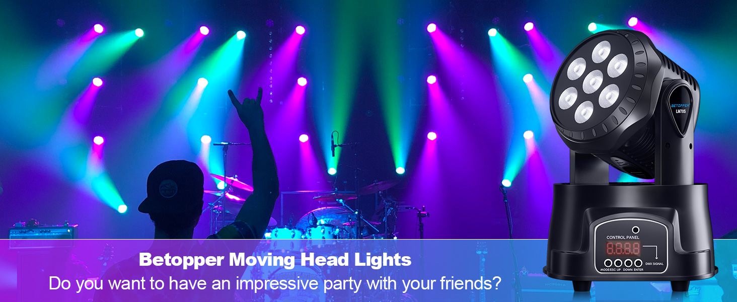 Betopper Moving Head Lights device on stage with colorful light beams. Text below mentions impressive party with friends.
