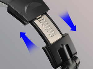 Sequence demonstrating pivoting mechanism with blue directional arrows, showing black component rotating through multiple positions.