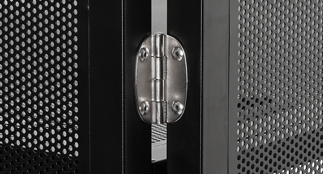 Close-up of a metal hinge connecting two perforated panels, likely part of an electronic equipment enclosure or server rack door.