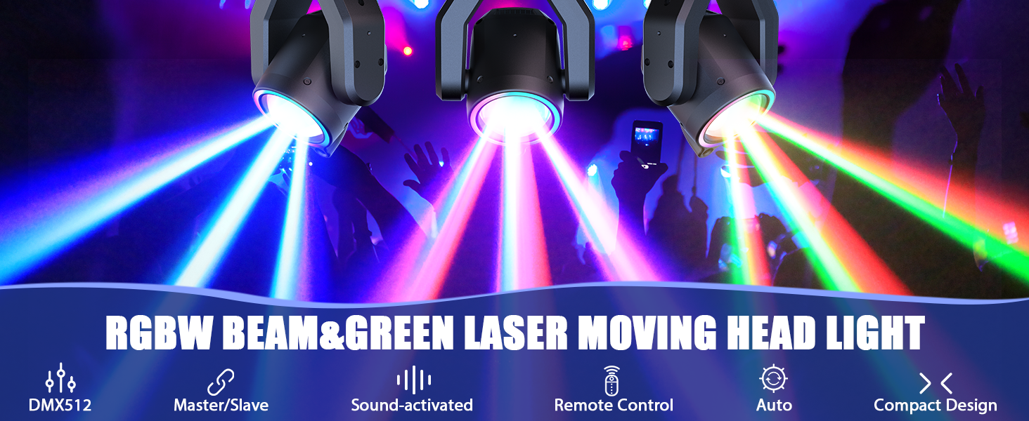 Text reads 'RGBW BEAM&TELE LASER MOVING HEAD LIGHT'. Colorful laser light display with rainbow beams projecting blue, pink, green, and white colors against dark background.