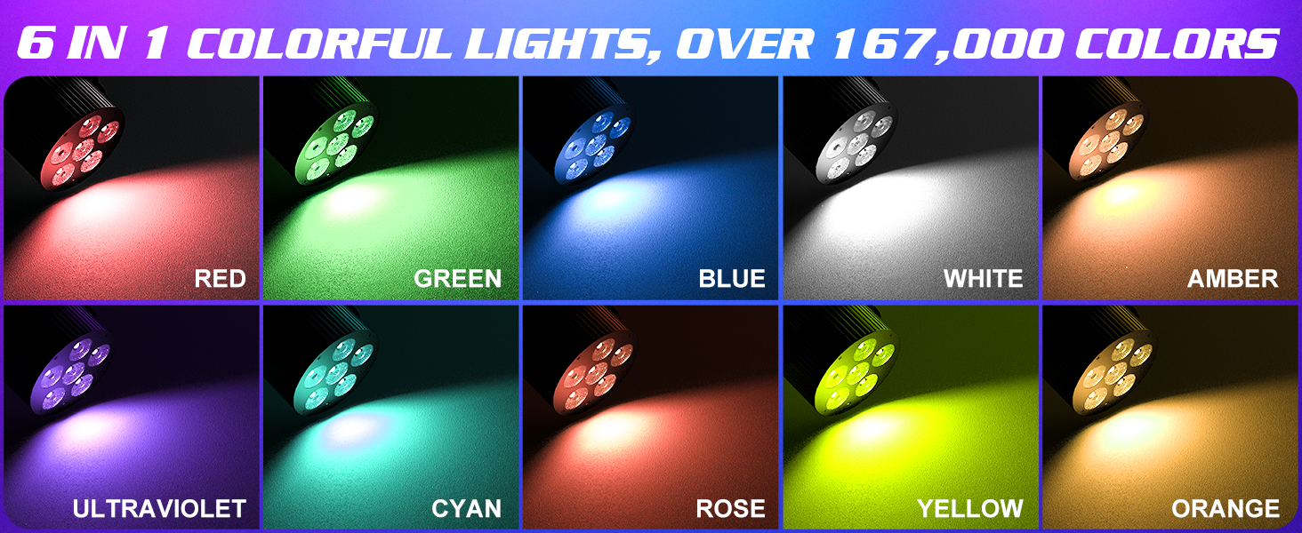Text reads '6 IN 1 COLORFUL LIGHTS, OVER 157,000 COLORS' with color swatches labeled Red, Green, Blue, White, Amber, Ultraviolet, Cyan, Rose, Yellow, Orange. LED light color options display grid.