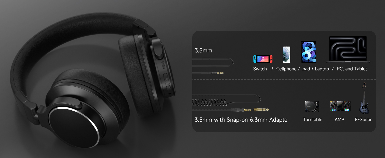 Black over-ear headphones with silver accents, alongside icons depicting various audio features including ANC, transparency mode, and EQ adjustment capabilities.