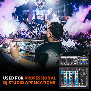 DJ equipment with mixer interface, used for professional studio applications. Background shows a crowded nightclub with atmospheric lighting and smoke effects.