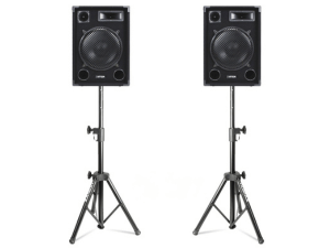 Pair of black professional speaker monitors on adjustable tripod stands, shown against white background.