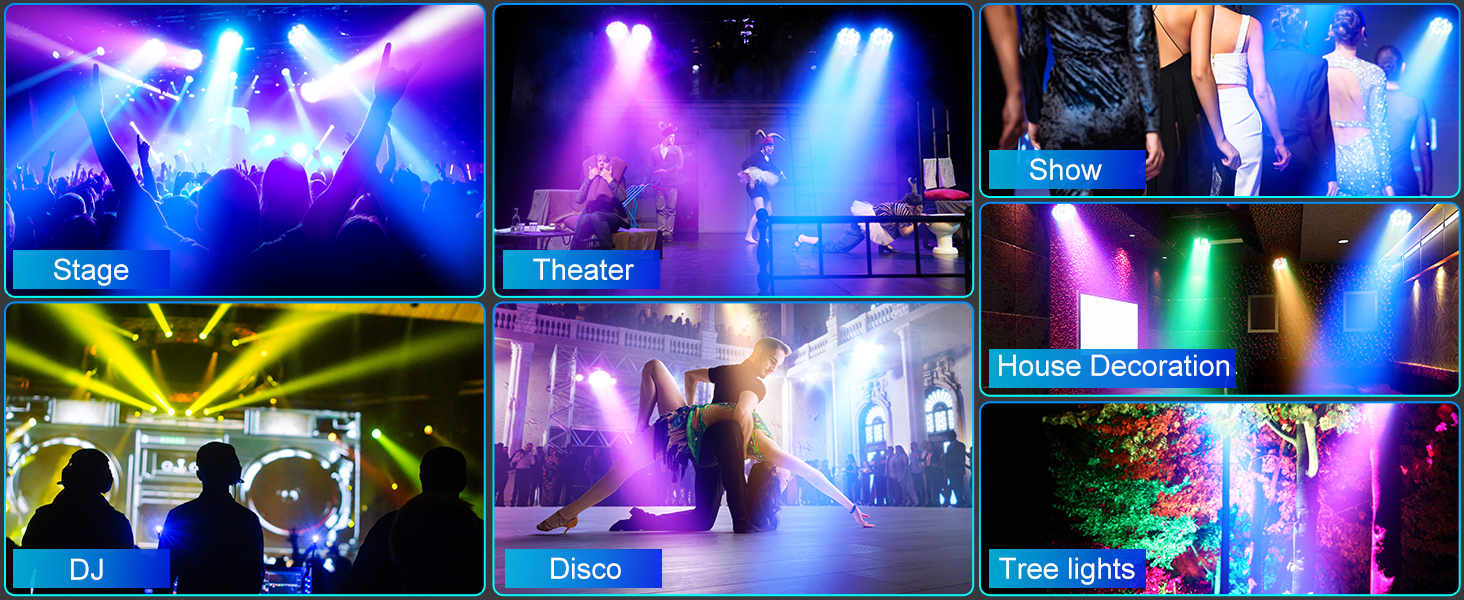 Composite of nine concert/stage lighting photos showing colorful LED light displays in purple, blue, yellow, and green hues with various stage setups and atmospheric effects.