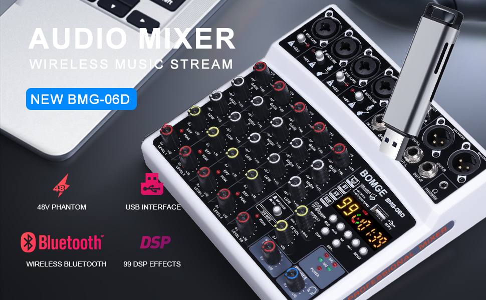Digital audio mixer labeled 'BMG-06D' featuring multiple control knobs, Bluetooth connectivity, DSP effects, and 48V phantom power. Display shows mixing interface with LED indicators.