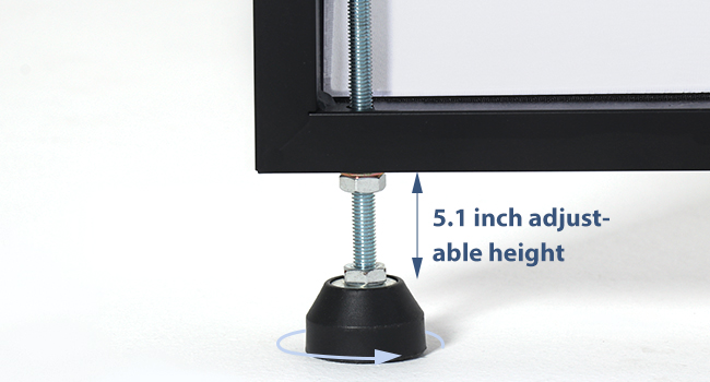 Close-up of an adjustable foot with a 5.1 inch height range, featuring a threaded metal rod and black base.