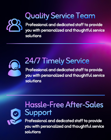 Text reads 'Quality Service Team', '24/7 Timely Service', 'Hassle-Free After-Sales Service'. Three service feature cards with icons on dark background with neon accents.