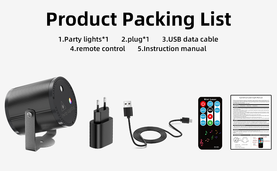 Text reads 'Product Packing List'. Shows icons for lamp, power adapter, USB cable, instruction manual with corresponding product contents list.