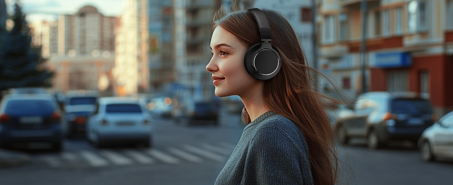 Wireless over-ear headphones worn by a person in an urban setting. Black, circular ear cups with a sleek design visible against long brown hair.