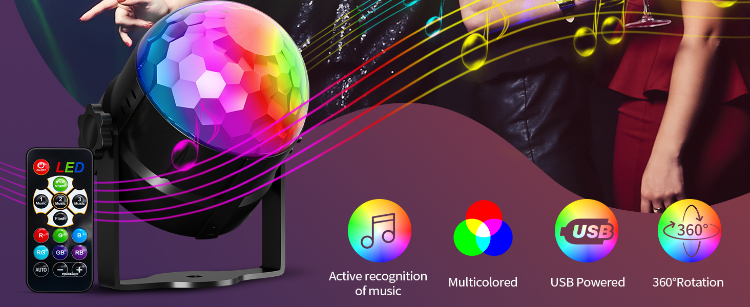 Colorful disco ball lamp display with app interface showing RGB color control options and music-reactive lighting features on smartphone screen.