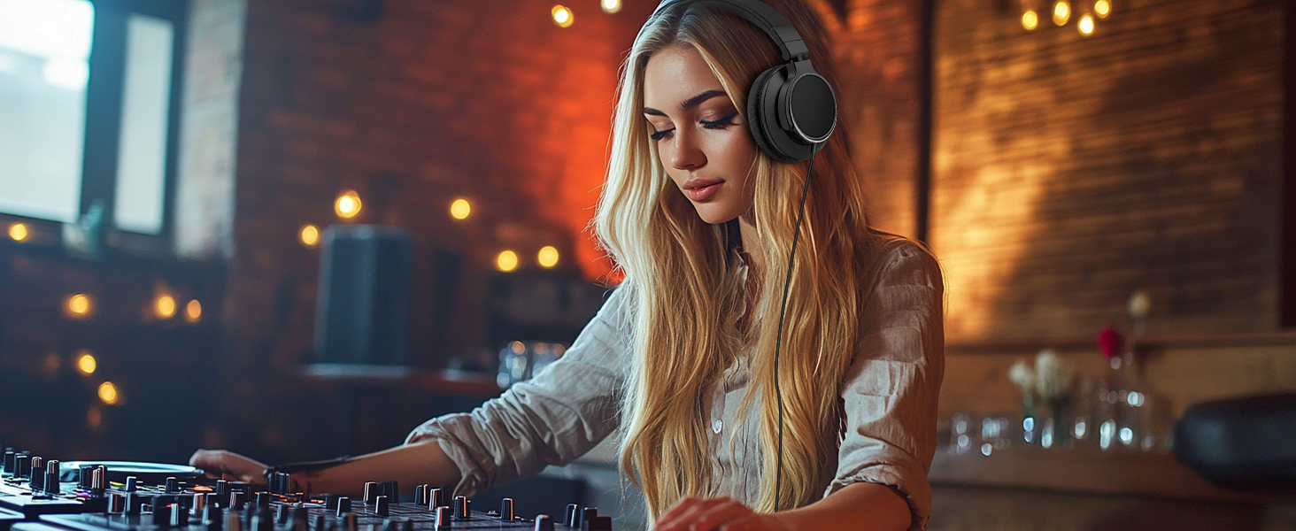 A person with long blonde hair wearing headphones, operating a DJ mixing console in a dimly lit room with string lights in the background.