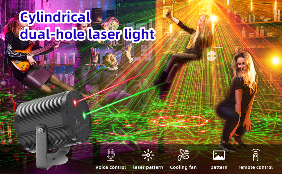 Text reads 'Cylindrical Christmas laser light'. Promotional image showing laser light projector with red and green light beams creating pattern effects in a party setting.