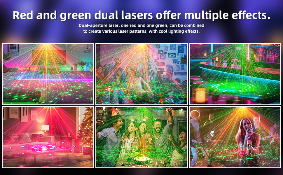 Text reads 'Red and green dual lasers offer multiple effects.' Collage showing laser light displays in various colors and patterns, creating vibrant atmospheric effects for events and parties.