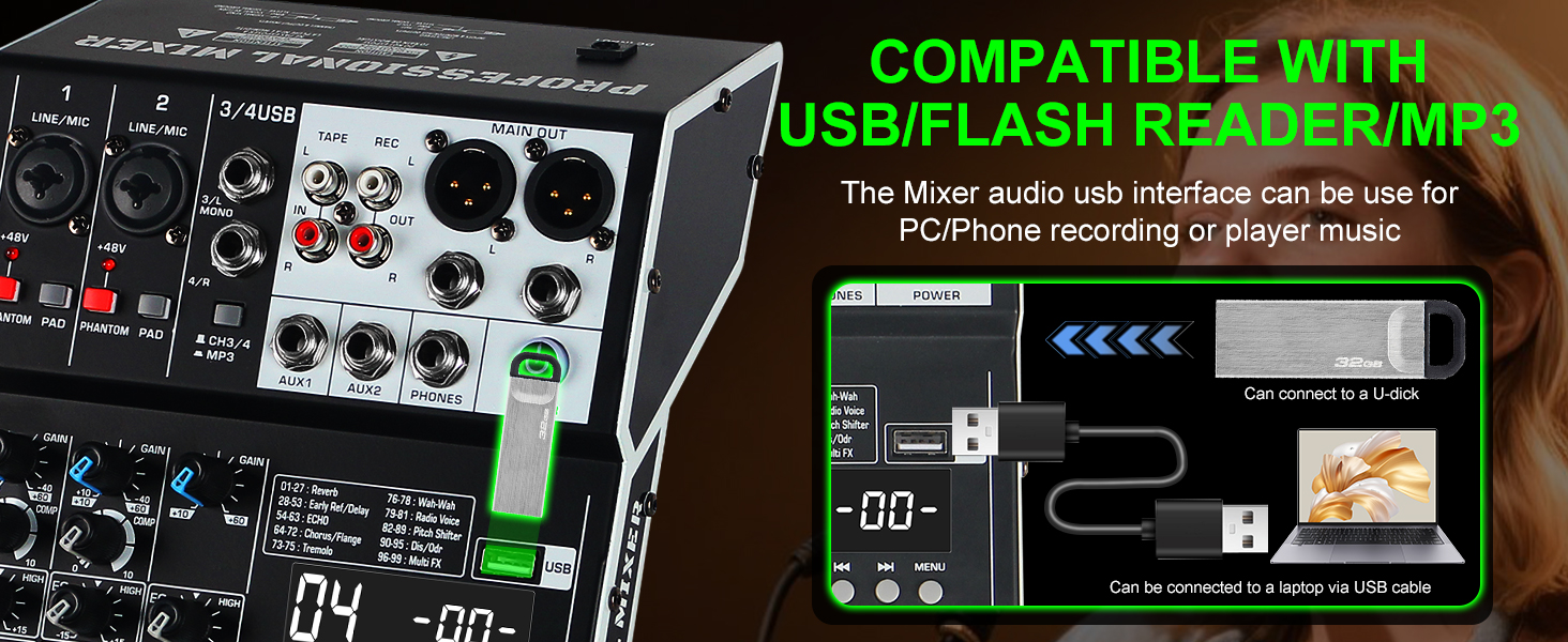 Text reads 'COMPATIBLE WITH PC/Phone recording or player music' and 'USB/FLASH READER/MP3'. Audio mixer interface with multiple control knobs, digital display, and USB connectivity features.