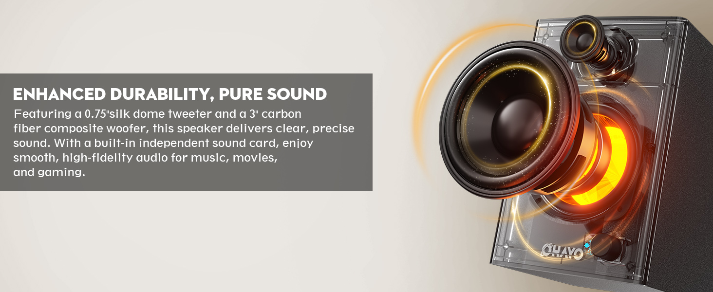 Text reads 'ENHANCED DURABILITY PURE SOUND'. Professional camera lens or speaker component with glowing orange ring light, shown against dark technical background.