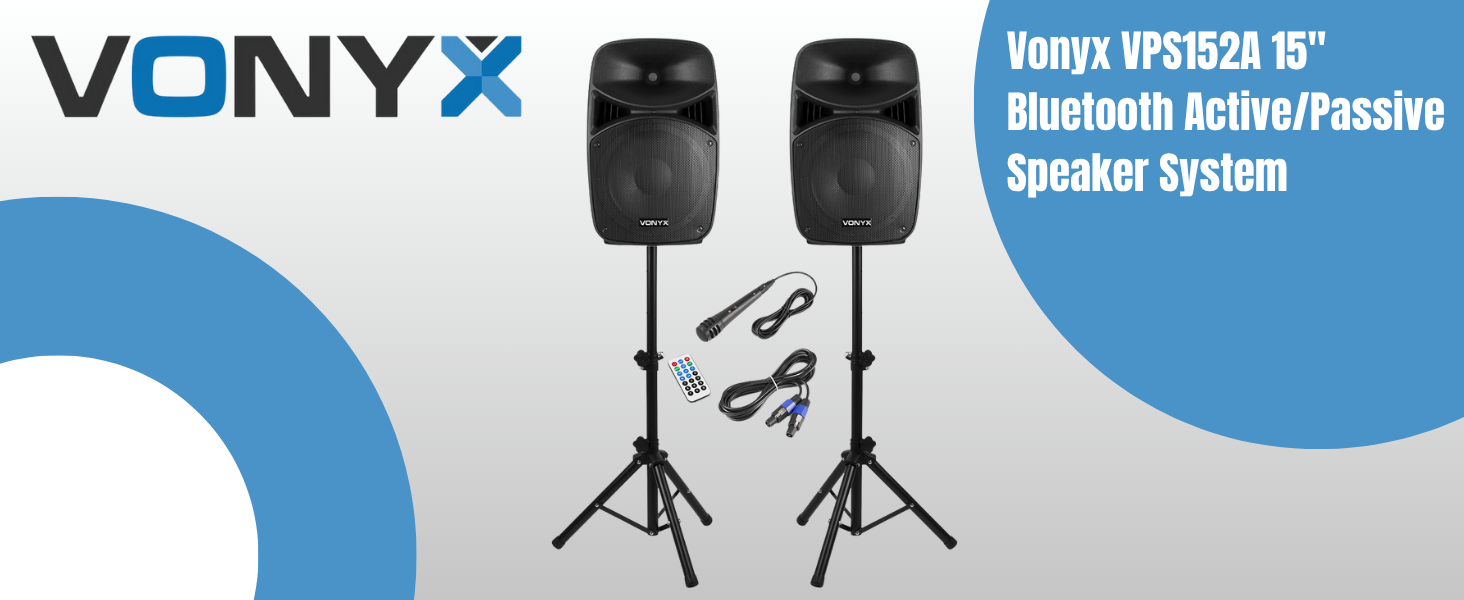 Text reads 'VONYX' on speaker advertisement showing two black PA speakers on stands against blue-white gradient background