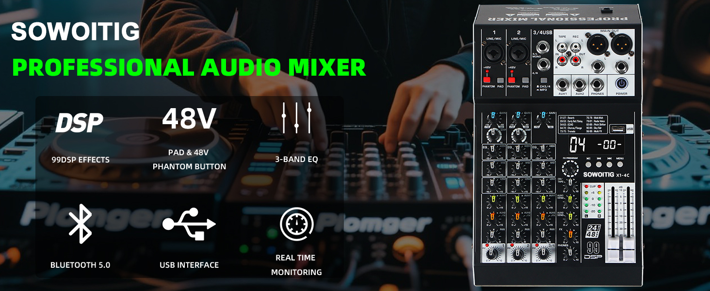 Text reads 'PROFESSIONAL AUDIO MIXER', 'SOWOTTIG', 'DSP', '48V'. Control panel interface showing multiple audio channels, faders, and digital display elements.