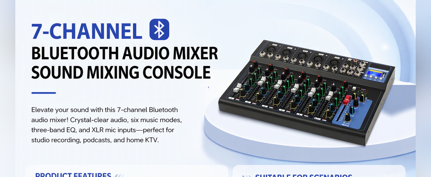 Text reads '7-CHANNEL BLUETOOTH AUDIO MIXER SOUND MIXING CONSOLE'. Black compact mixer with blue accents, multiple knobs and channel controls, shown against light blue background.