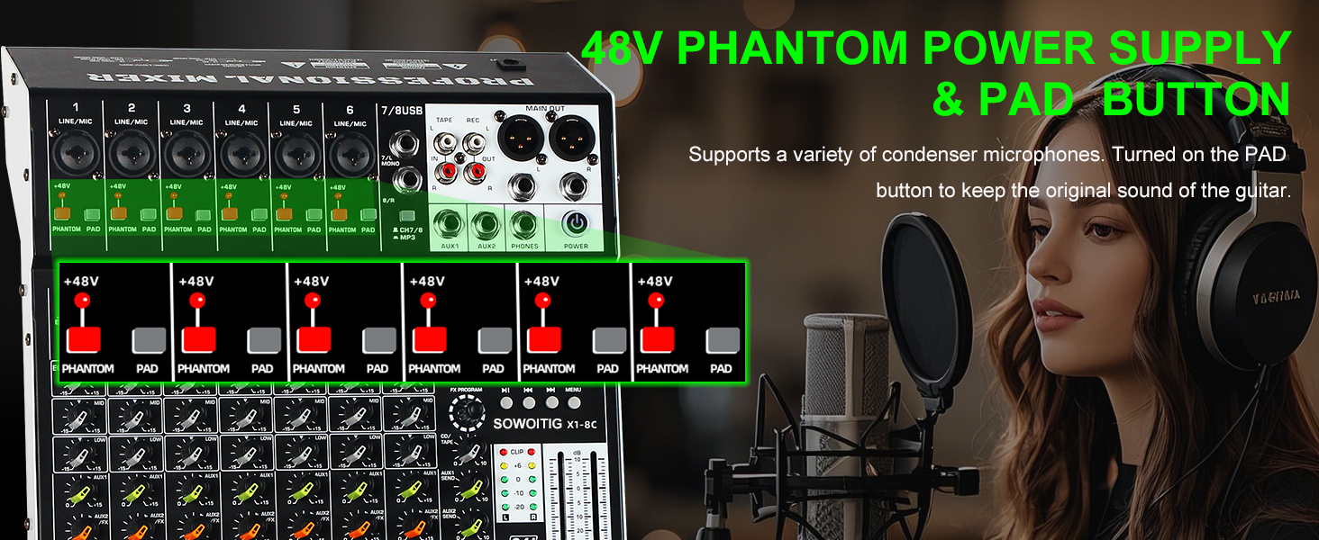 Text reads '48V PHANTOM POWER SUPPLY &amp; PARTITION'. Audio equipment interface panel showing multiple inputs, controls, and power indicators with green LED displays.
