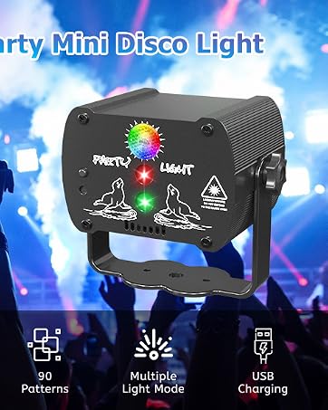 Compact disco light device with multiple lighting modes, remote control capability, and sound activation features. Display shows interface icons for timing, patterns, and USB charging options.