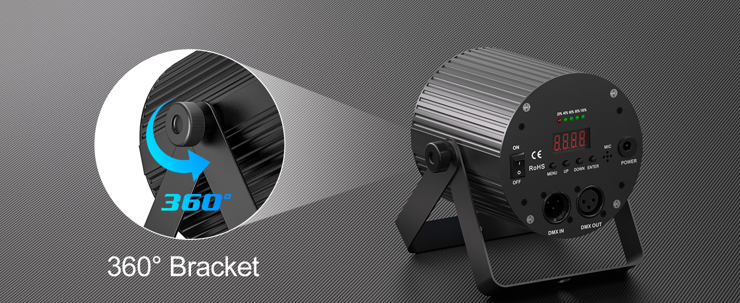 Product bracket component labeled '360° Bracket' shown in circular detail against gray background, with mounting mechanism visible.